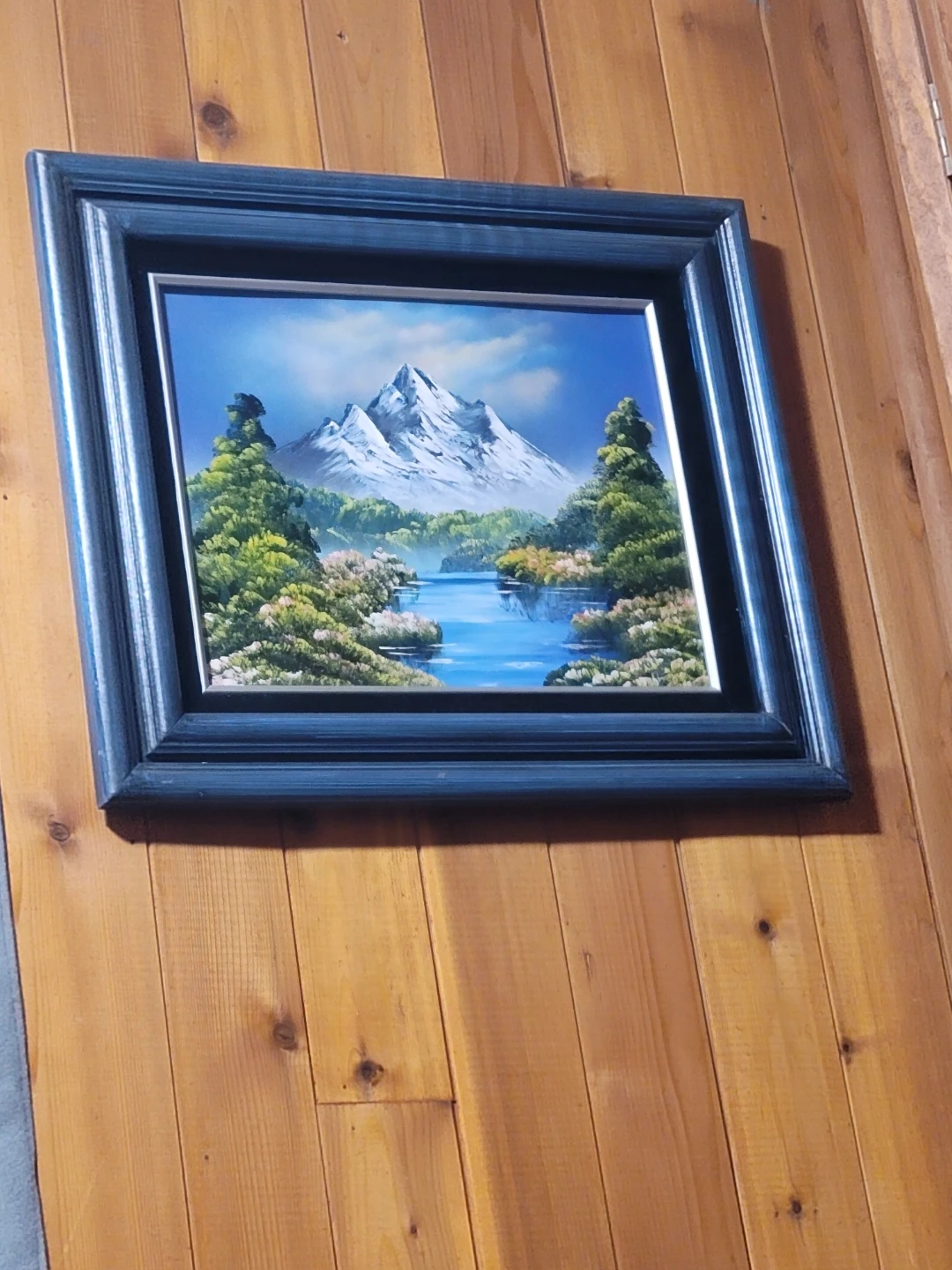 Framed Mountain Lake Oil Painting