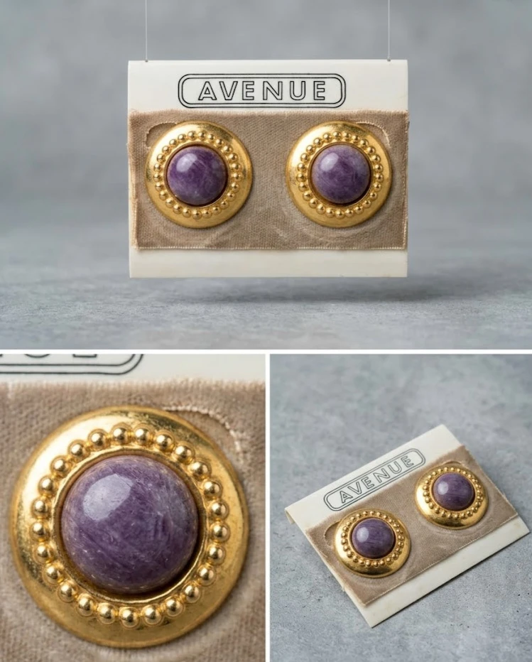 AVENUE Gold Tone Purple Stone Button Earrings