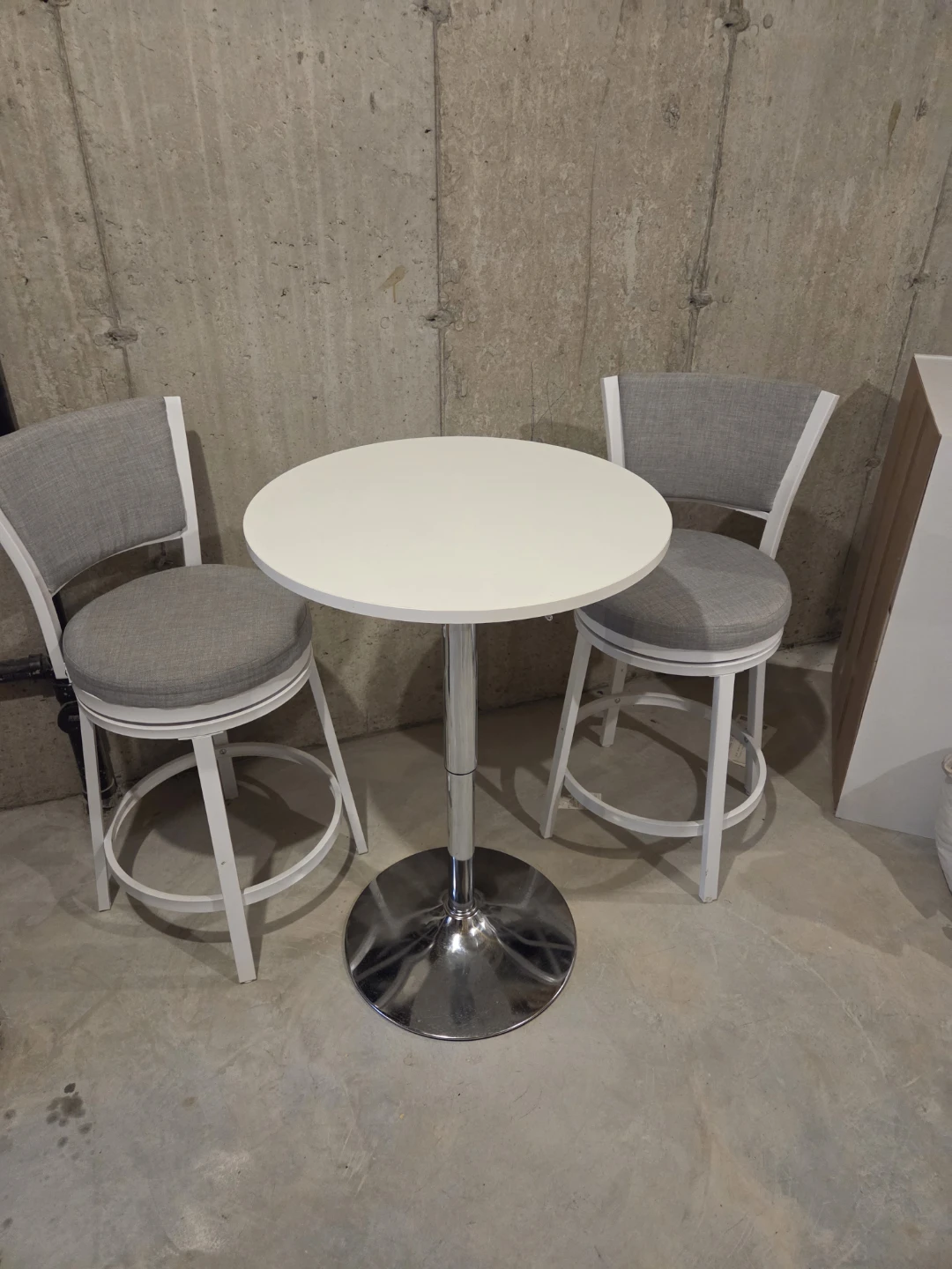 White Swivel Bar Stool with Grey Fabric Seat