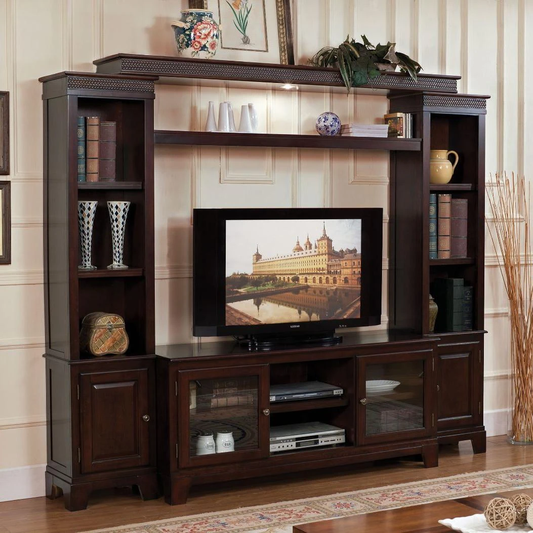 Dark Wood Entertainment Unit with Shelving and Cabinets