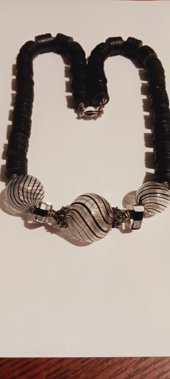 Black & White  Handblown Striped  Art Glass Beaded Necklace - photo 3