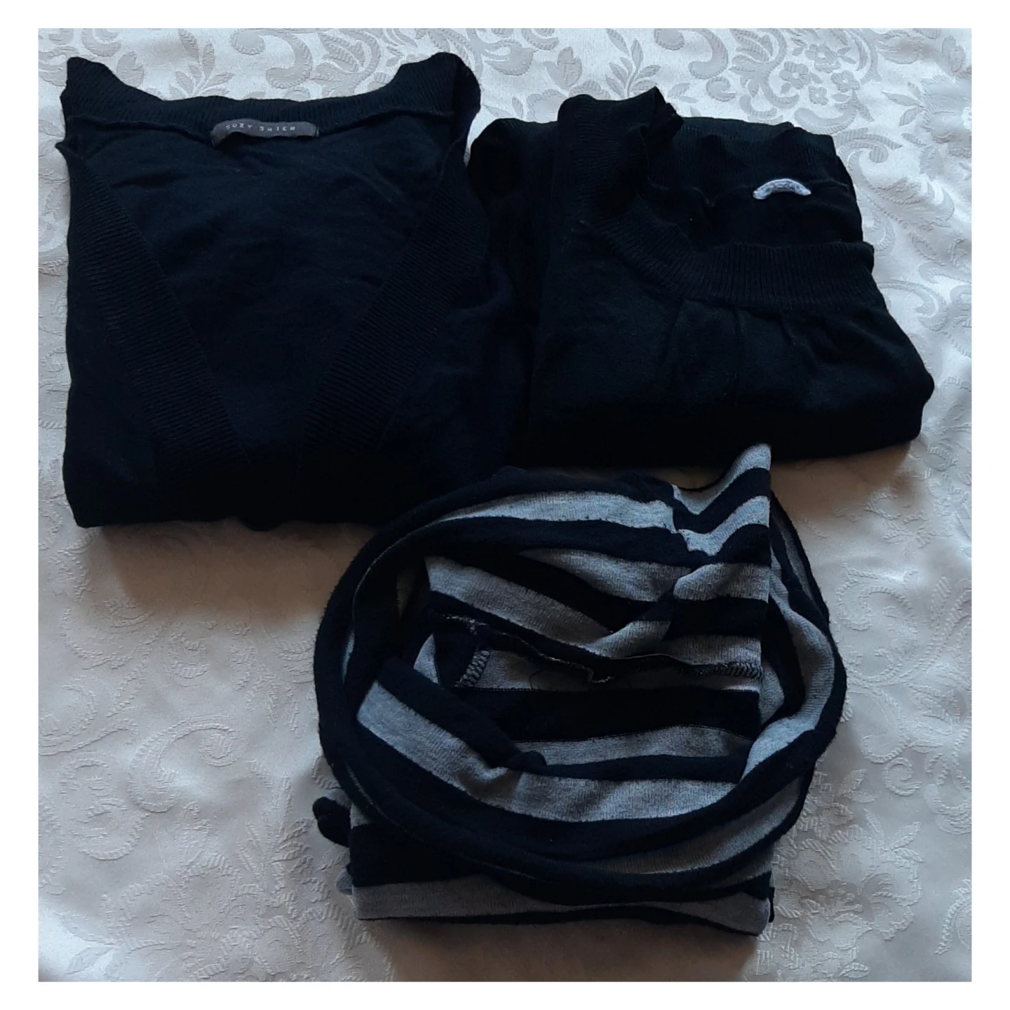 3pc Black V-neck Cardigan with Striped Top and Black Top