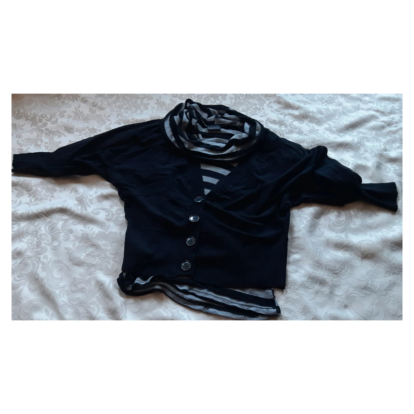 3pc Black V-neck Cardigan with Striped Top and Black Top - photo 2