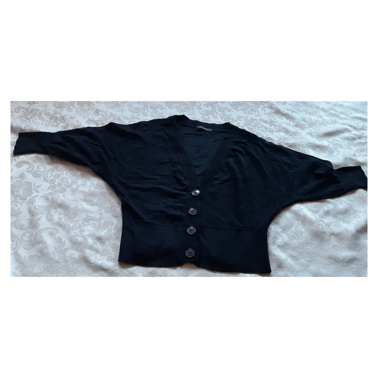 3pc Black V-neck Cardigan with Striped Top and Black Top - photo 3