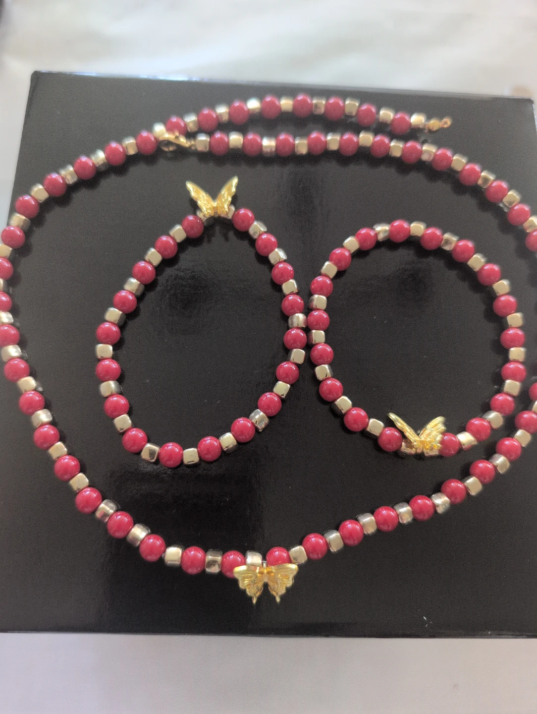 Red Beaded Necklace and Bracelet Set with Butterfly Charms
