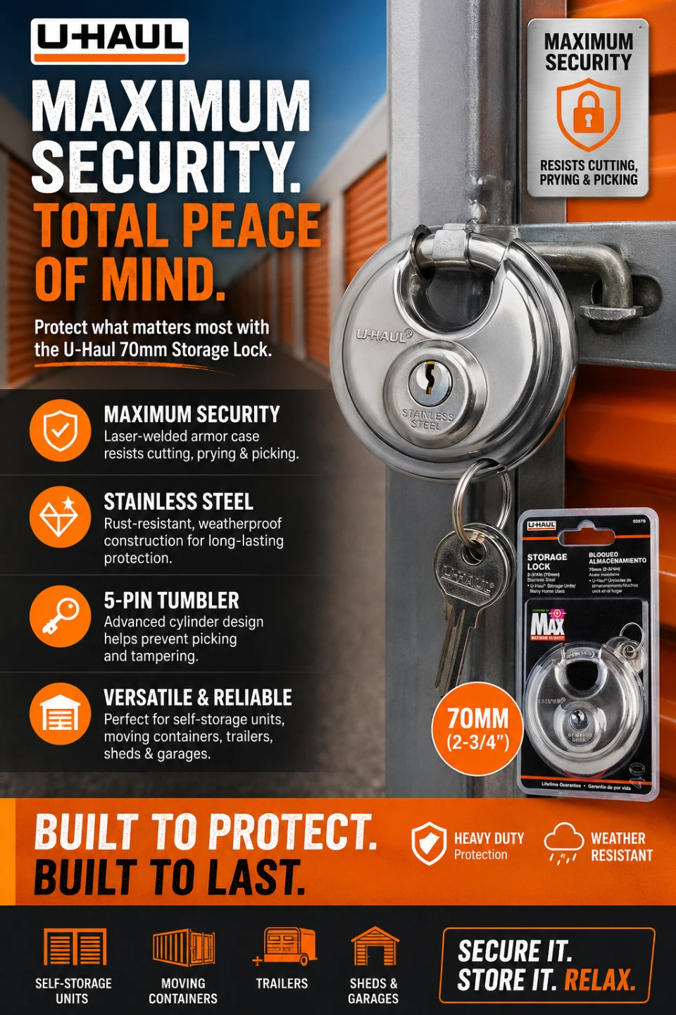 U-Haul 2-3/4" (70mm) Stainless Steel Storage Lock with Keys
