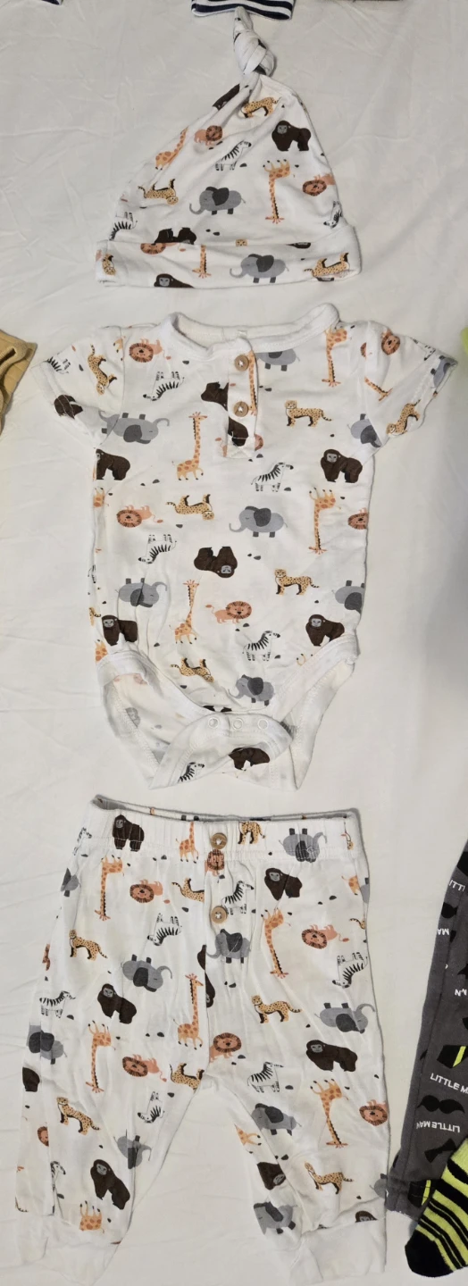 0-3 Months Baby Bodysuit, Hat, and Pants Set - Zoo Animals