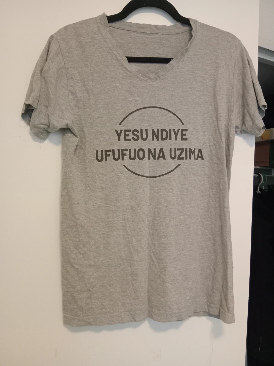 Grey V-Neck T-Shirt with Text Graphic