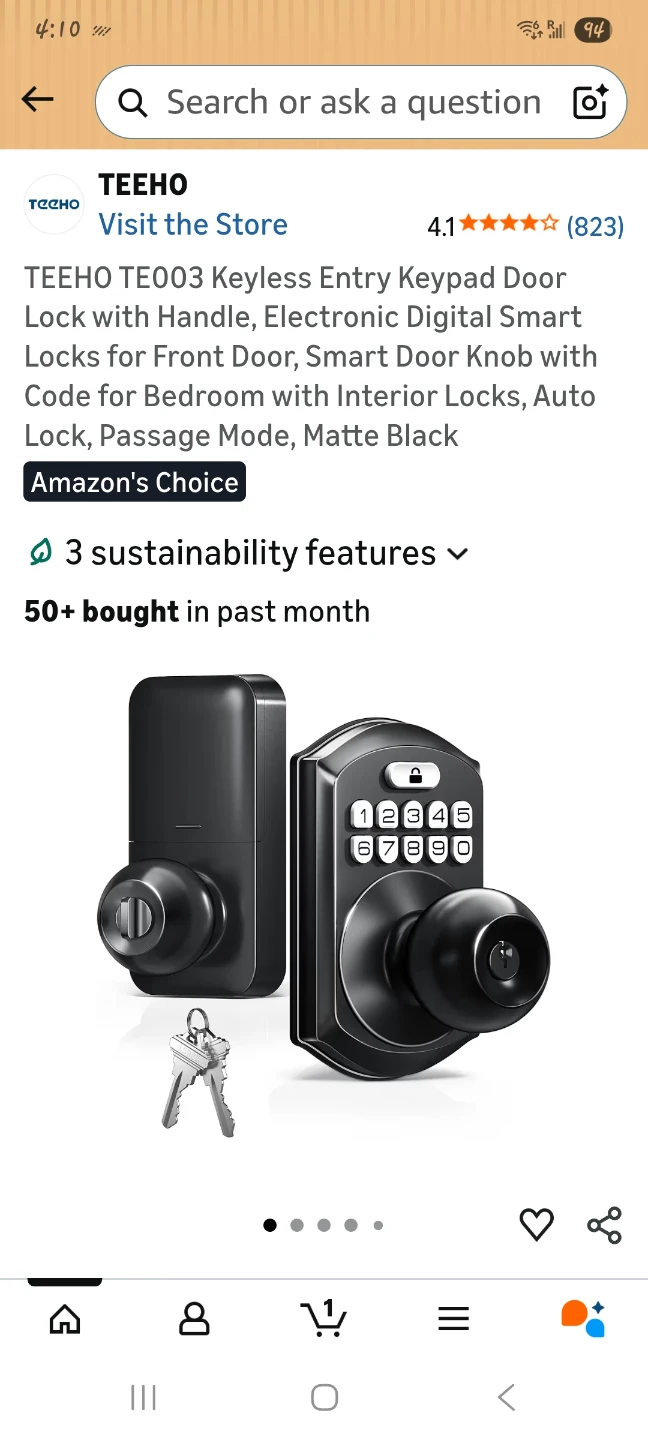 TEEHO TE003 Keyless Entry Smart Door Lock - Matte Black