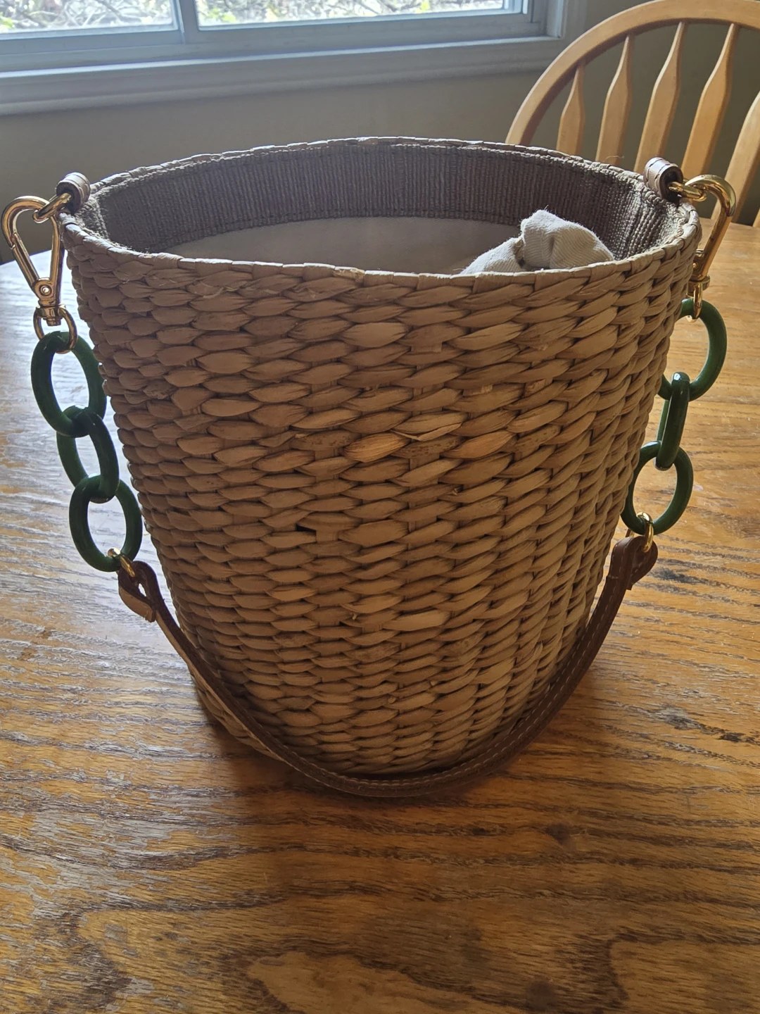 Woven Bucket Bag with Green Chain Detail