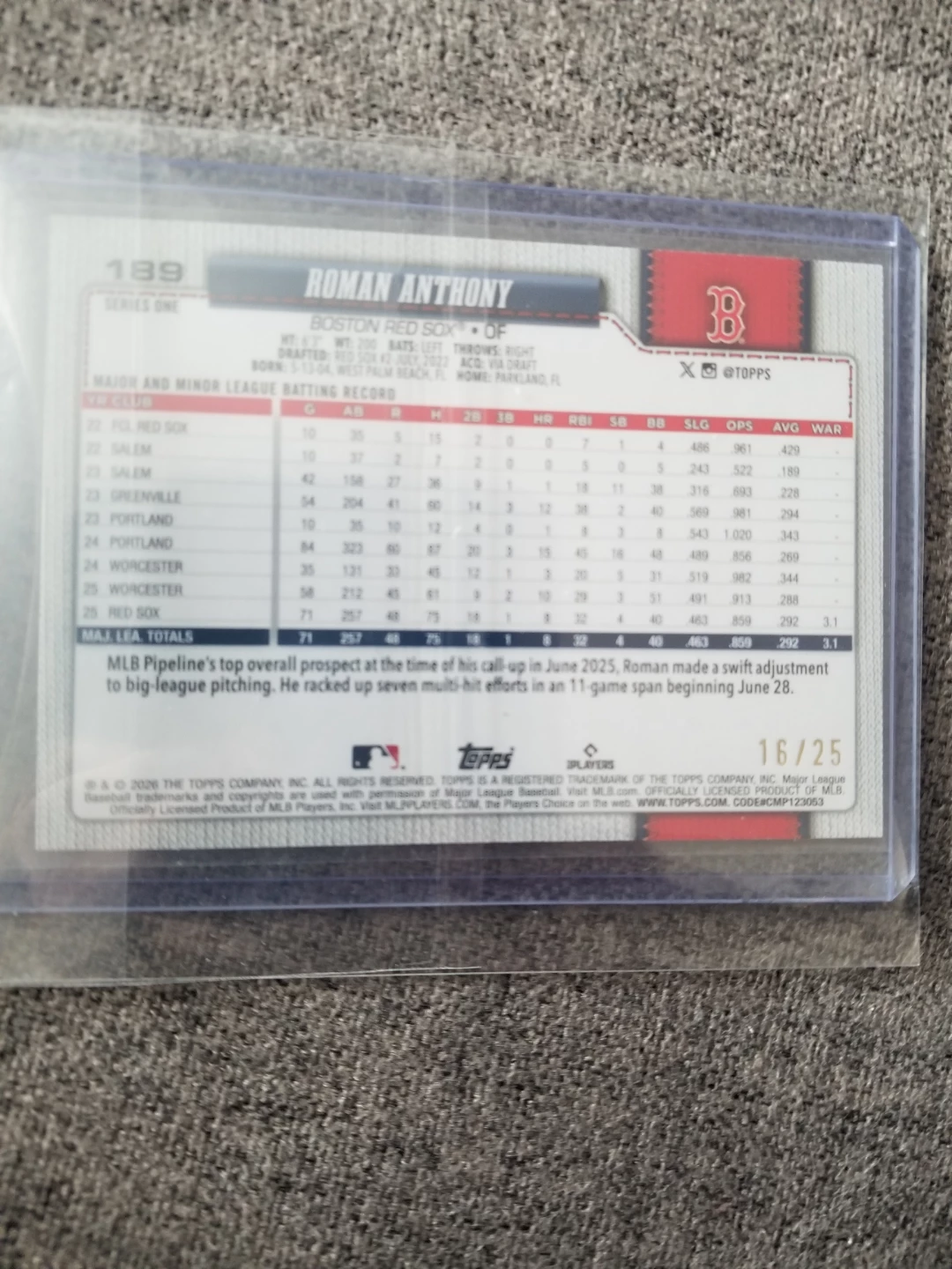 Roman Anthony 2026 Topps Baseball Card 16/25 - photo 2
