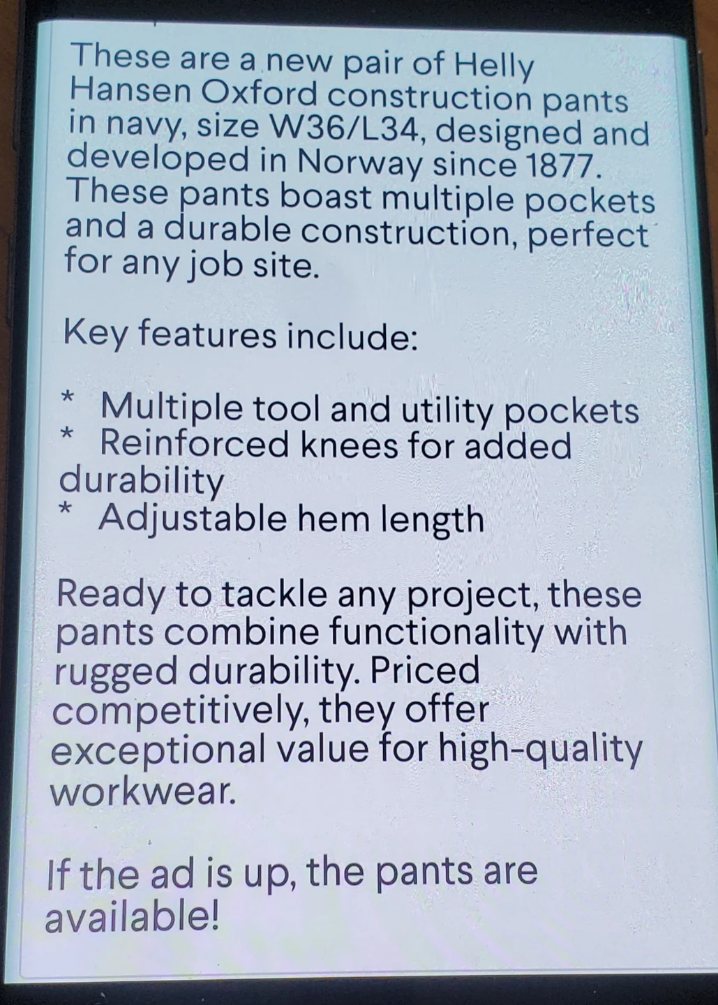 Men's  Helly Hansen Oxford Construction Pants  Brand New - photo 5