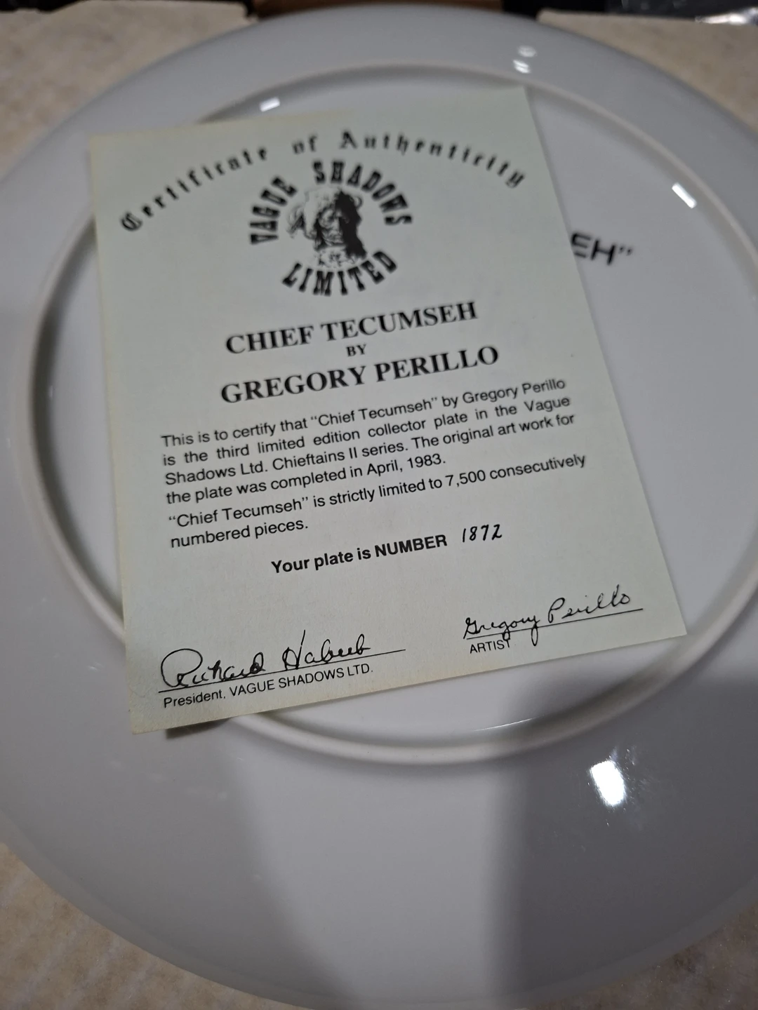Vague Shadows Ltd. "Chief Tecumseh" Collector Plate - photo 3