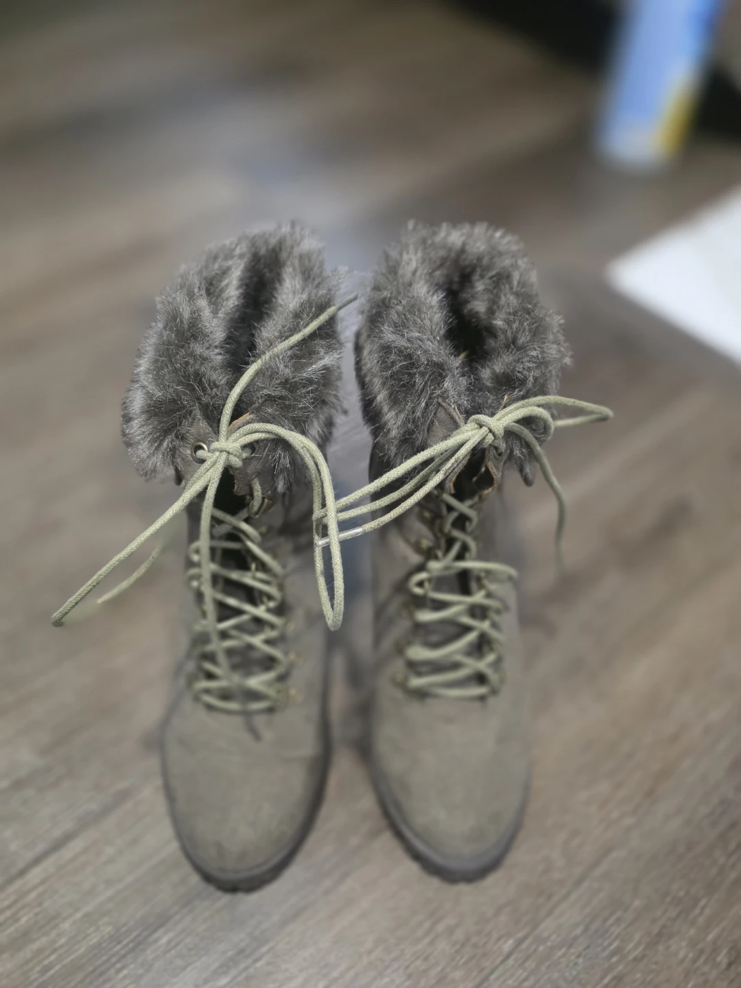 Grey Faux Fur Lace-Up Heel Boots