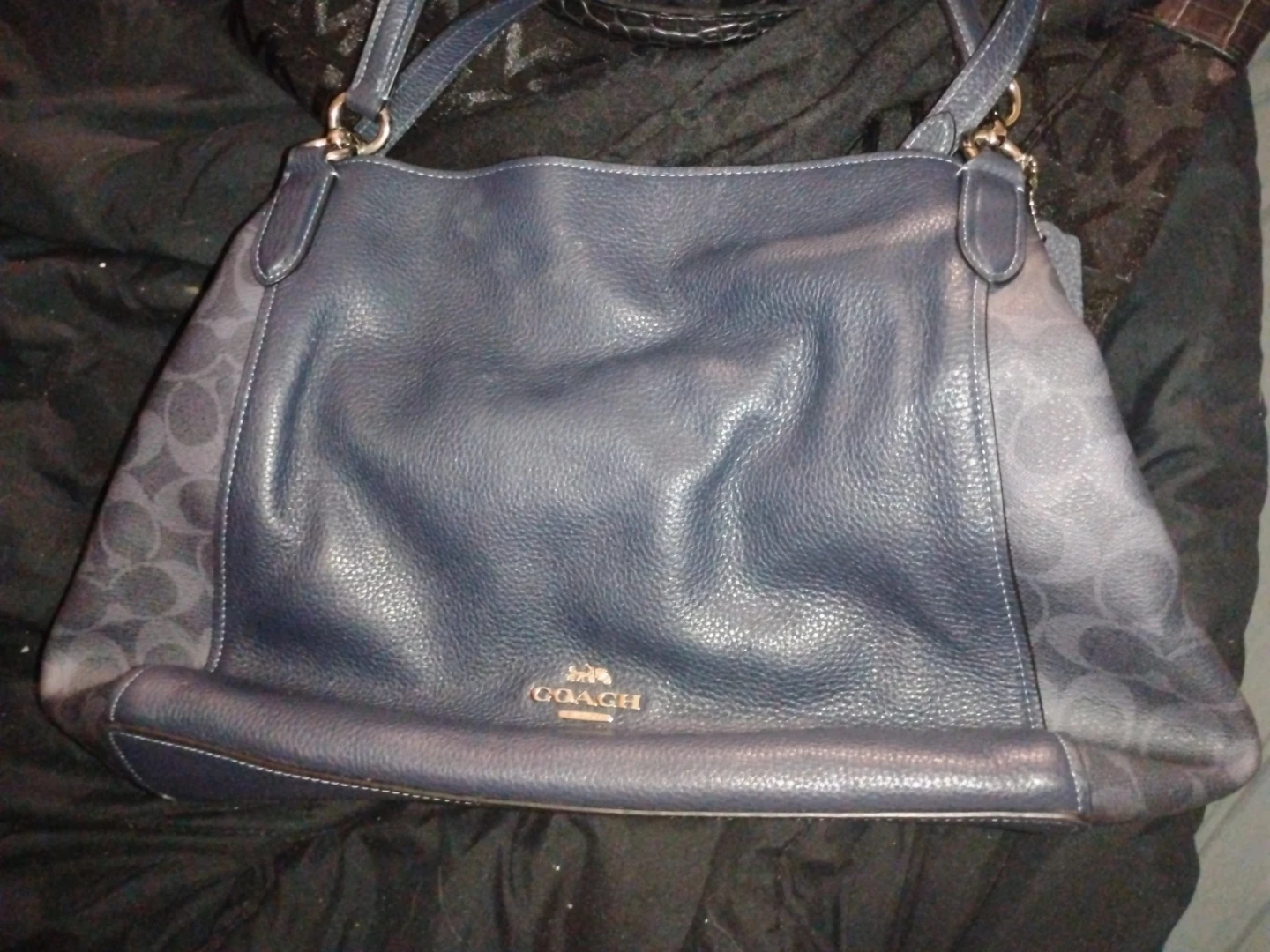 Coach Navy Leather & Signature Monogram Tote Bag