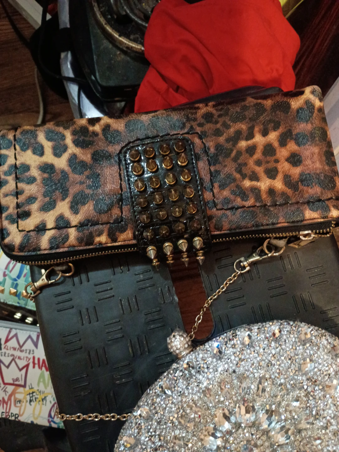 Leopard Print Clutch with Studs and Chain