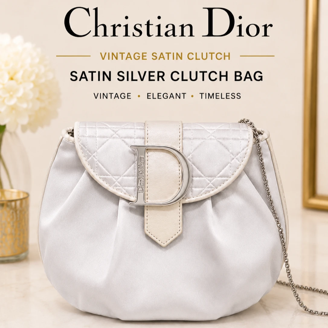 Christian Dior Vintage Satin Silver Clutch Bag