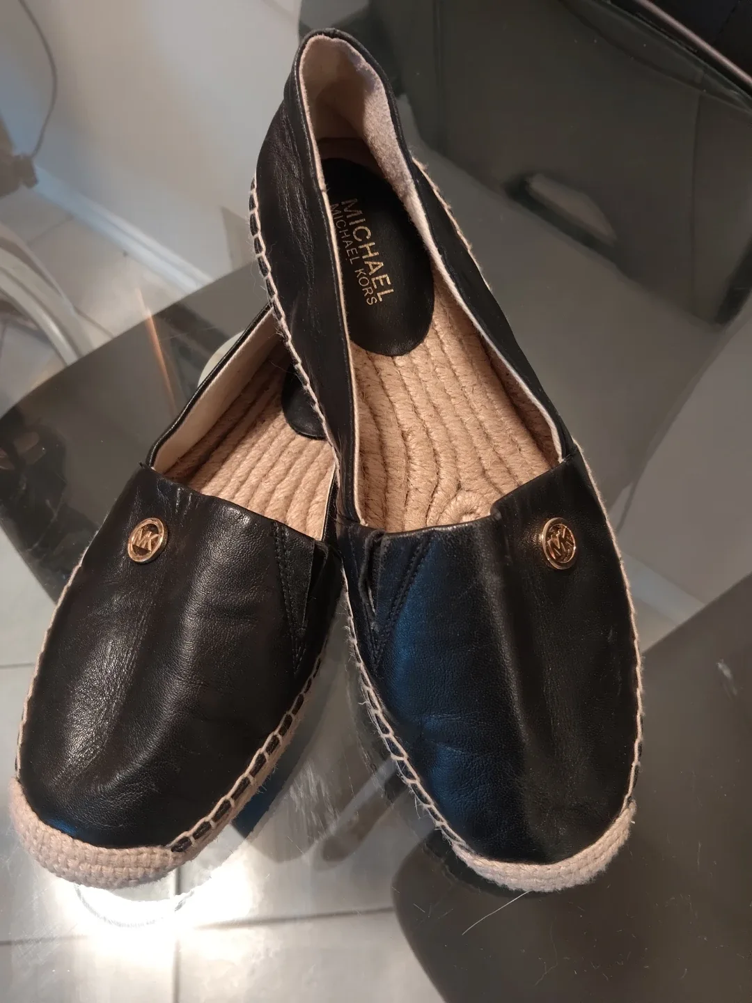 MICHAEL KORS Black Leather Espadrille Flats