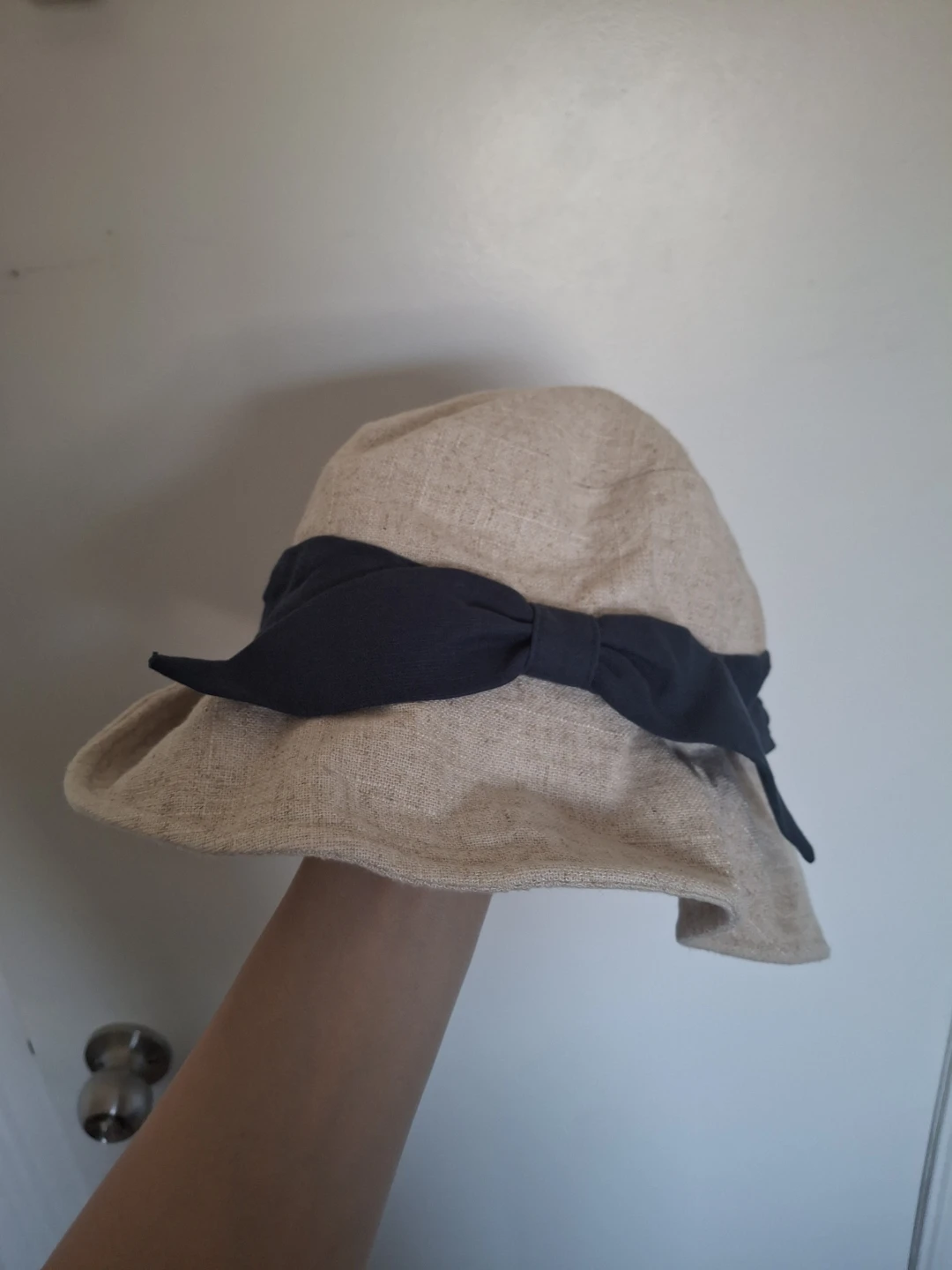 Beige Linen Bucket Hat with Dark Blue Bow