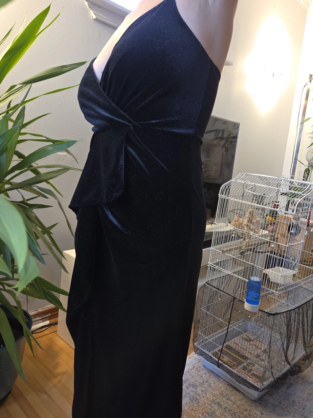 Black Velvet Ruched Gown