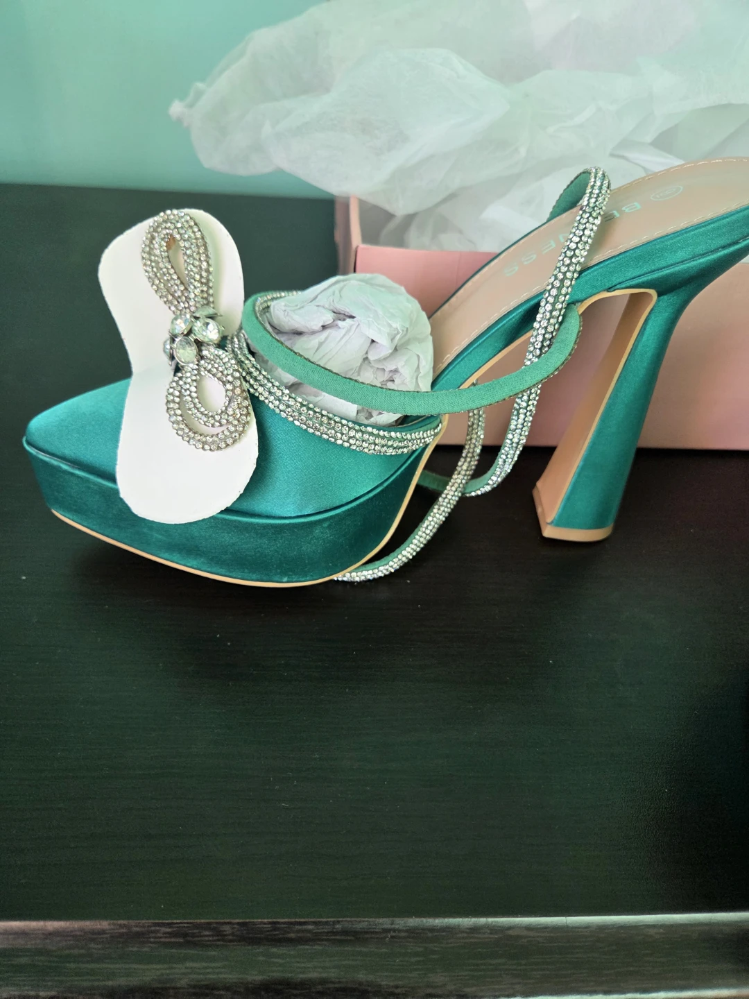 Berness Emerald Green Satin Crystal Bow Platform Heels