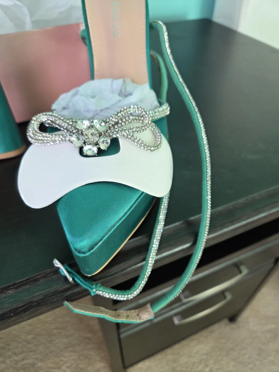 Berness Emerald Green Satin Crystal Bow Platform Heels - photo 2