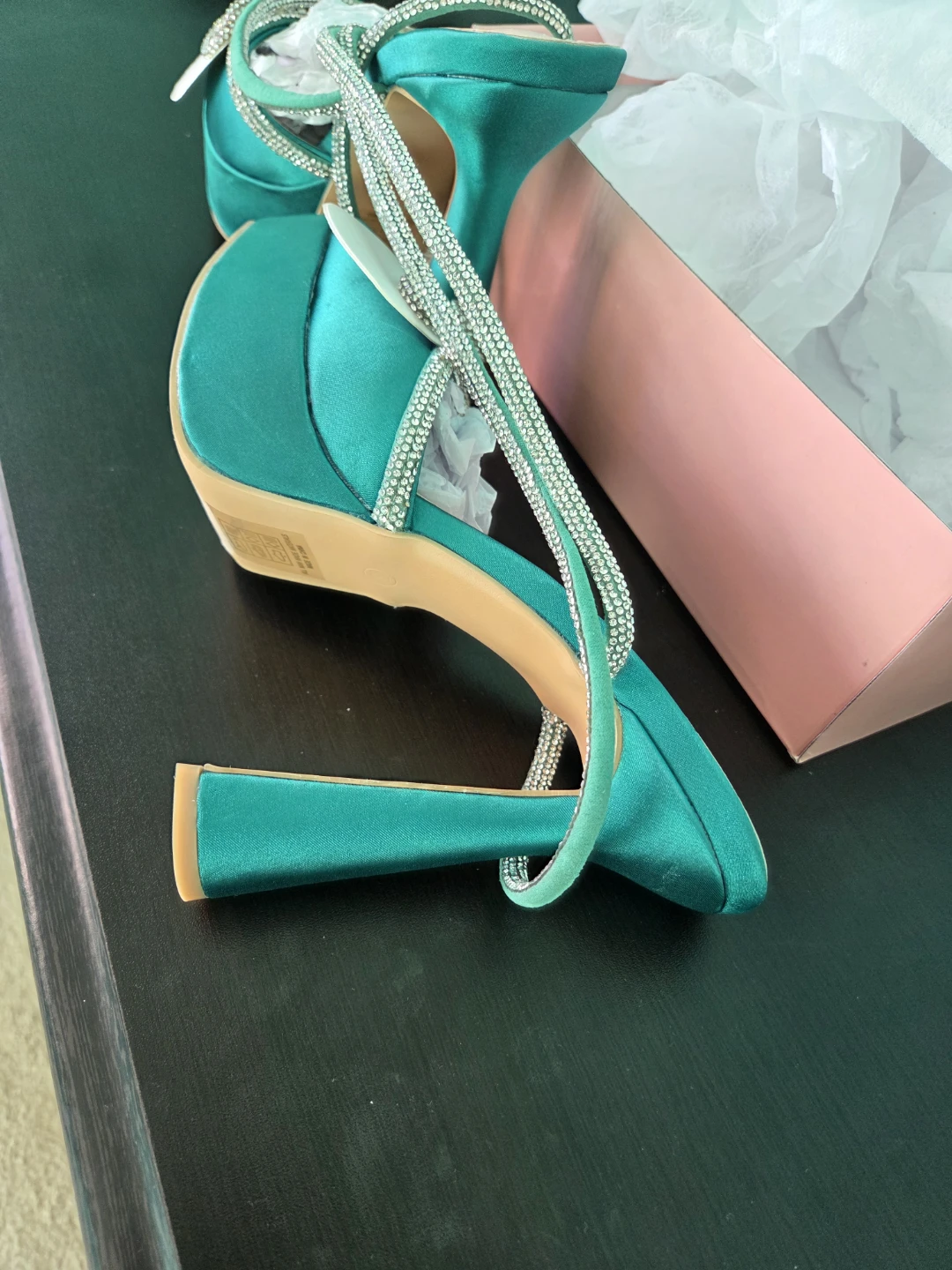 Berness Emerald Green Satin Crystal Bow Platform Heels - photo 4