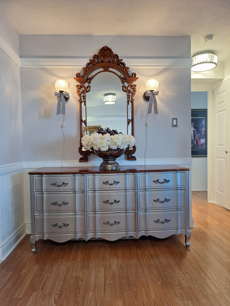 Silver French Provincial 9 Drawer Dresser