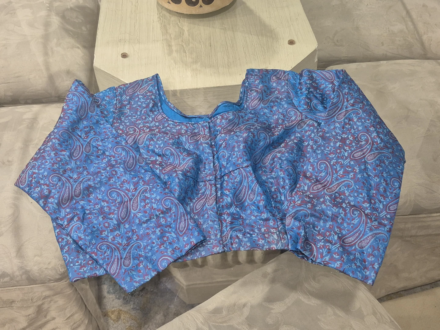 Blue Paisley Print pure chiffon Saree with full sleeve Blouse - photo 2