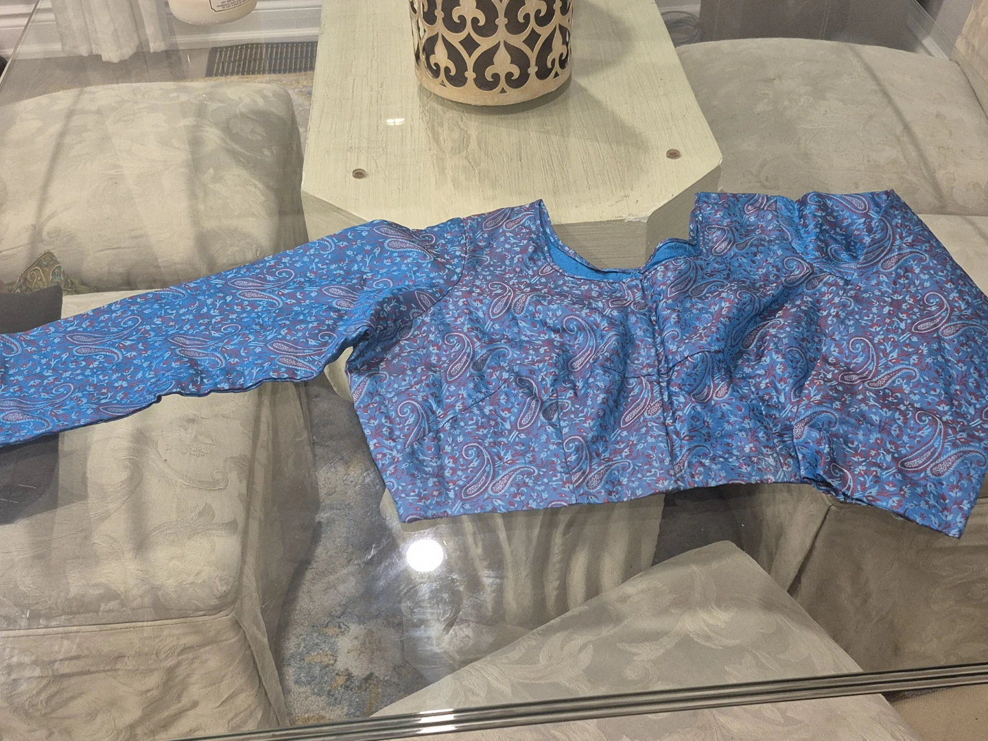 Blue Paisley Print pure chiffon Saree with full sleeve Blouse - photo 3