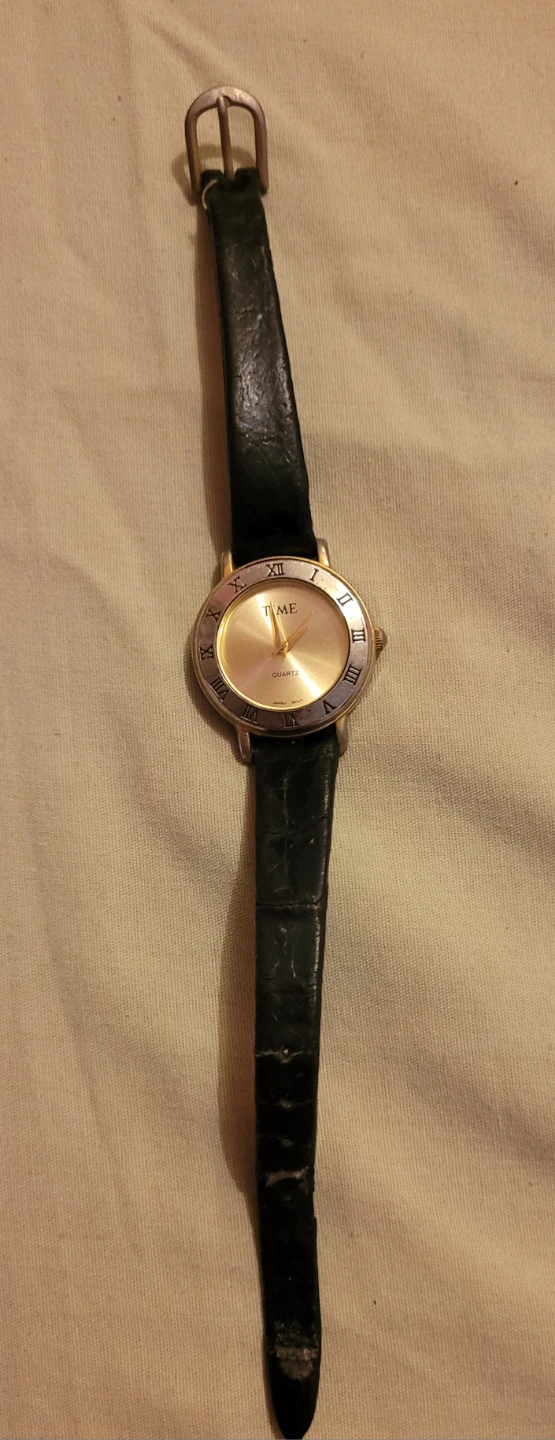 Time Quartz Watch - Gold Tone Face, Black Leather Strap