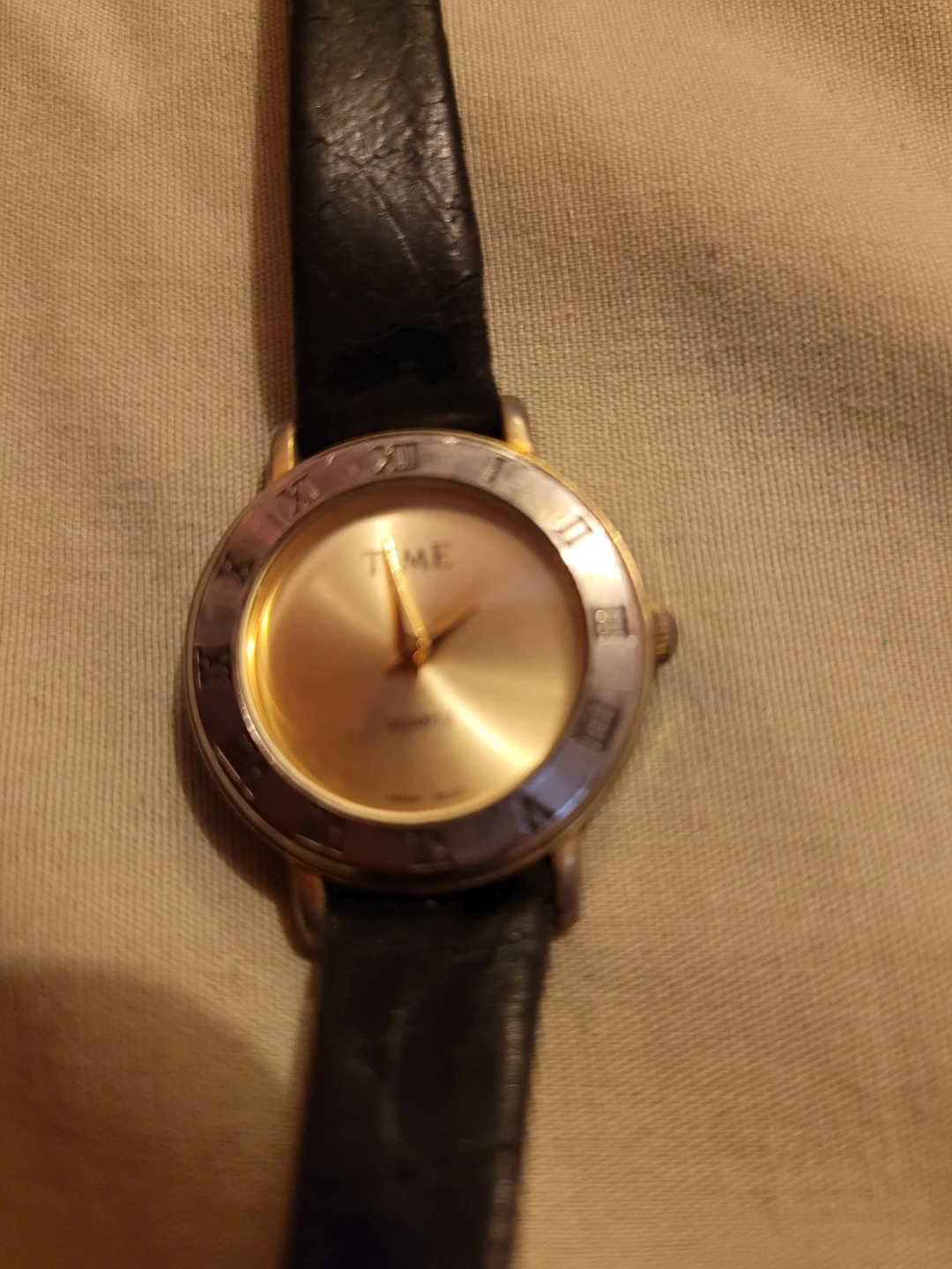 Time Quartz Watch - Gold Tone Face, Black Leather Strap - photo 3