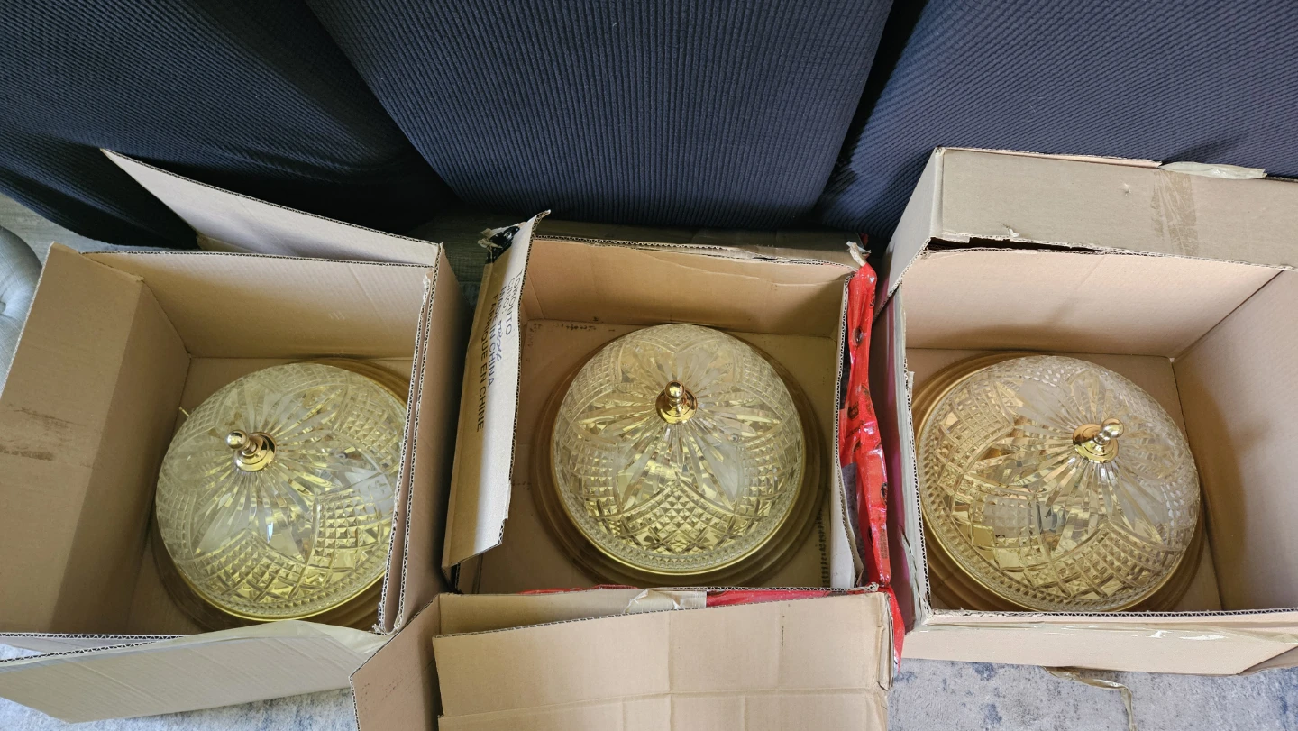 3 Vintage Glass and Brass Flush Mount Ceiling Light Fixtures - photo 5