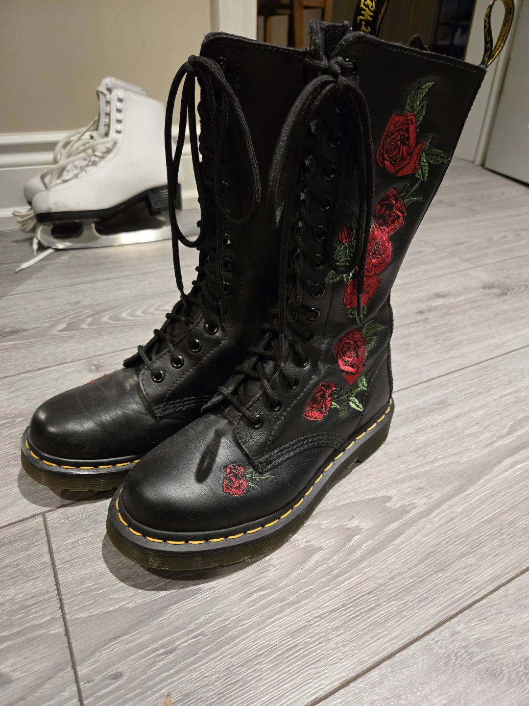 Dr. Martens Black Leather Rose Embroidered Boots