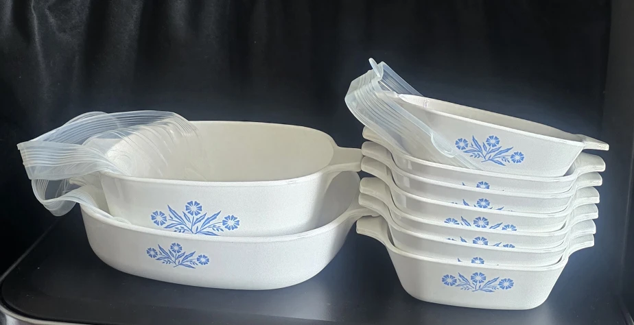 Set of 9 Corelle Corning Ware Dishes with Blue Floral Pattern