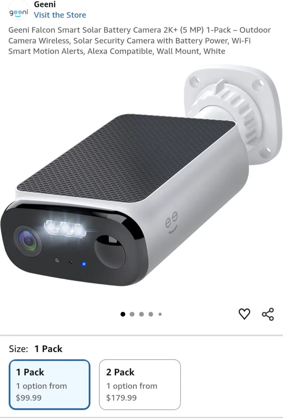 Geeni Falcon Smart Solar Battery Camera 2K+ (5 MP) 1-Pack White