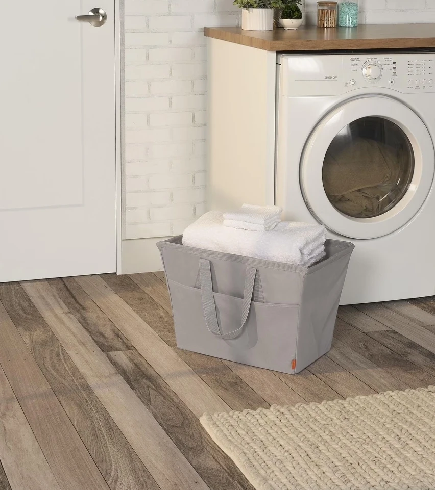 Grey Fabric Laundry Basket with Pockets - photo 5