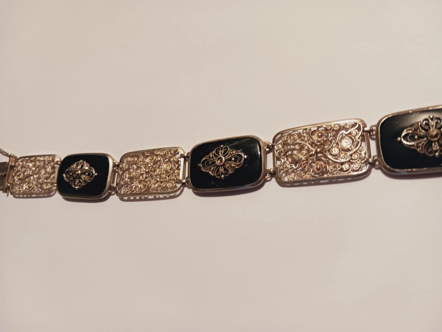 Gorgeous Art Deco Sterling Silver Filigree Black Onyx Bracelet - photo 3