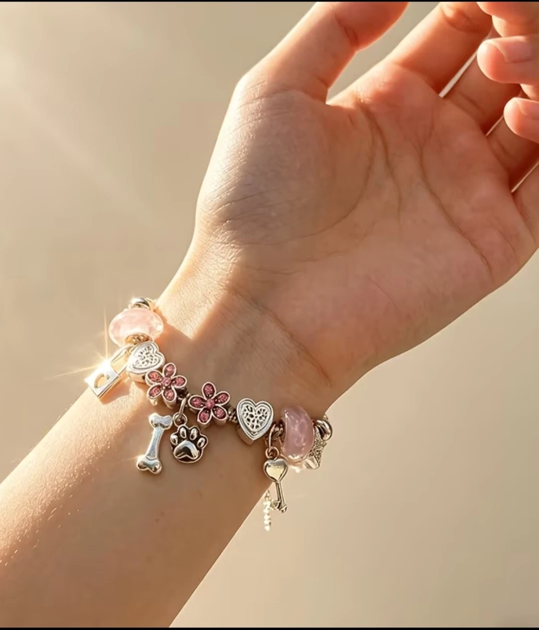 Pandora Style Charm Bracelet with Dog Paw and Heart Charms