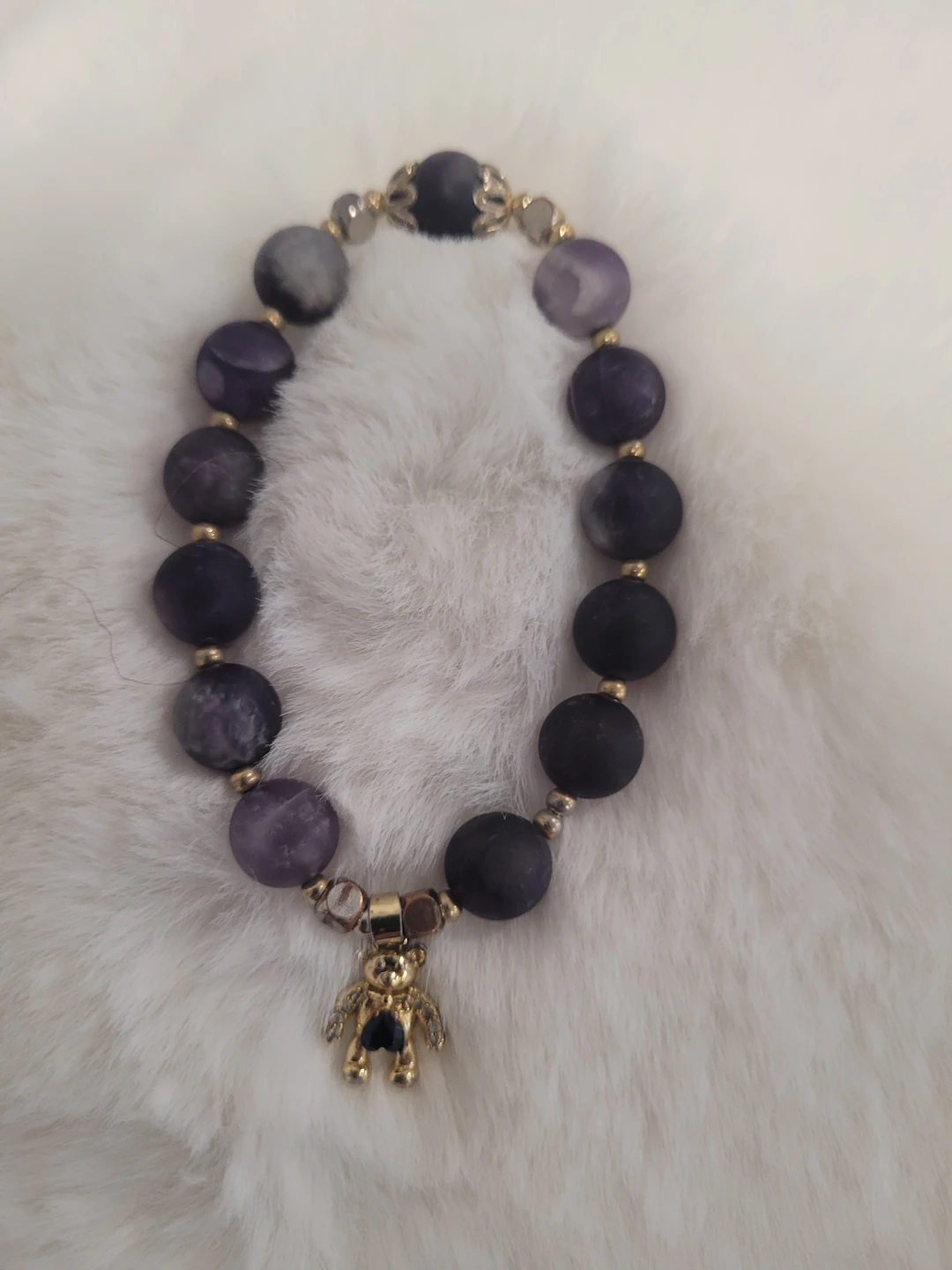 Purple Stone-Beaded Bracelet with Teddy Bear Charm
