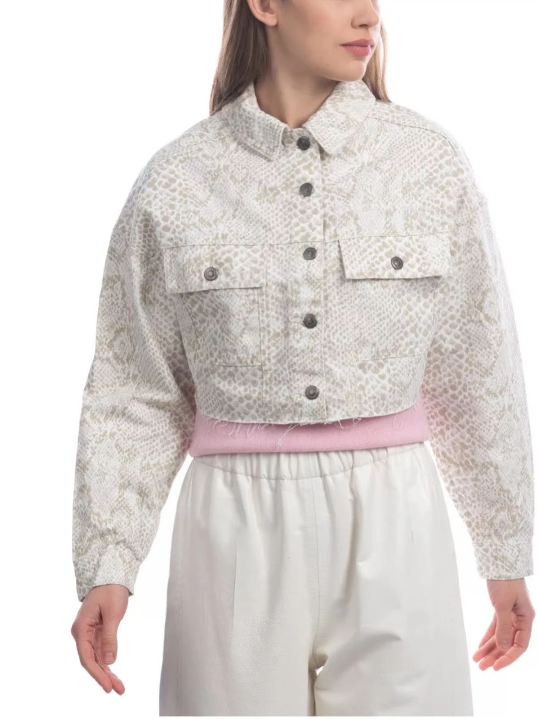 TOPSHOP Cropped Snake Print Denim Jacket