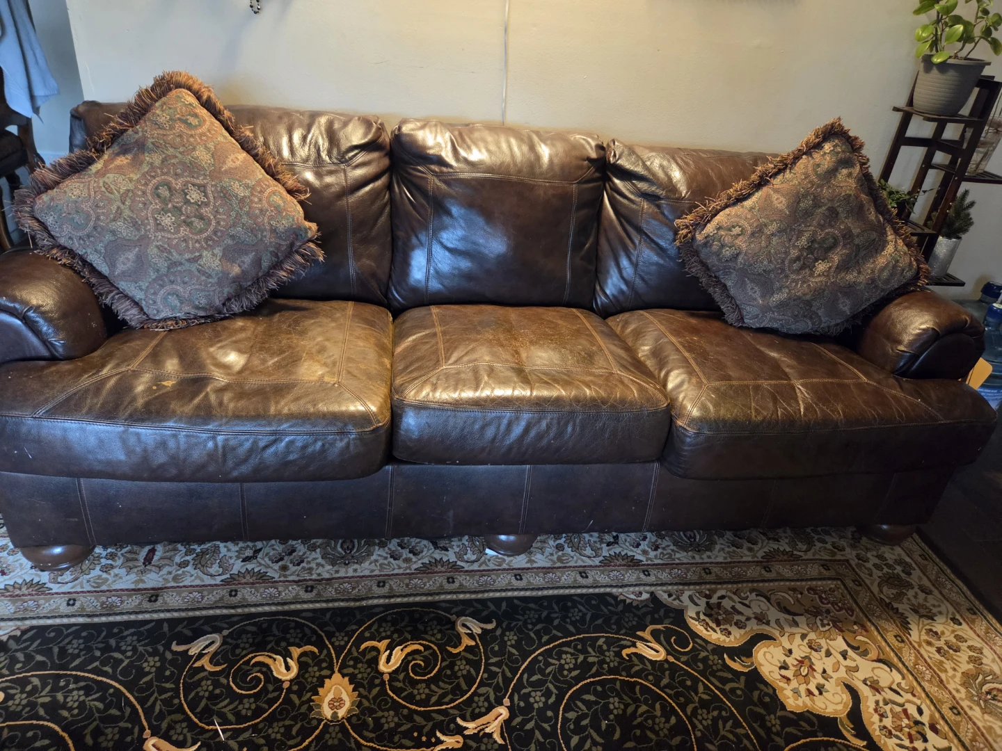 Brown Leather Sofa with Decorative Pillows - photo 2