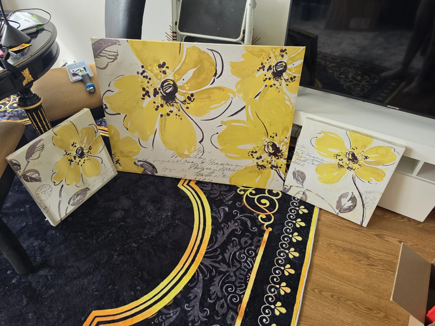 Set of 3 Yellow Floral Canvas Wall Art