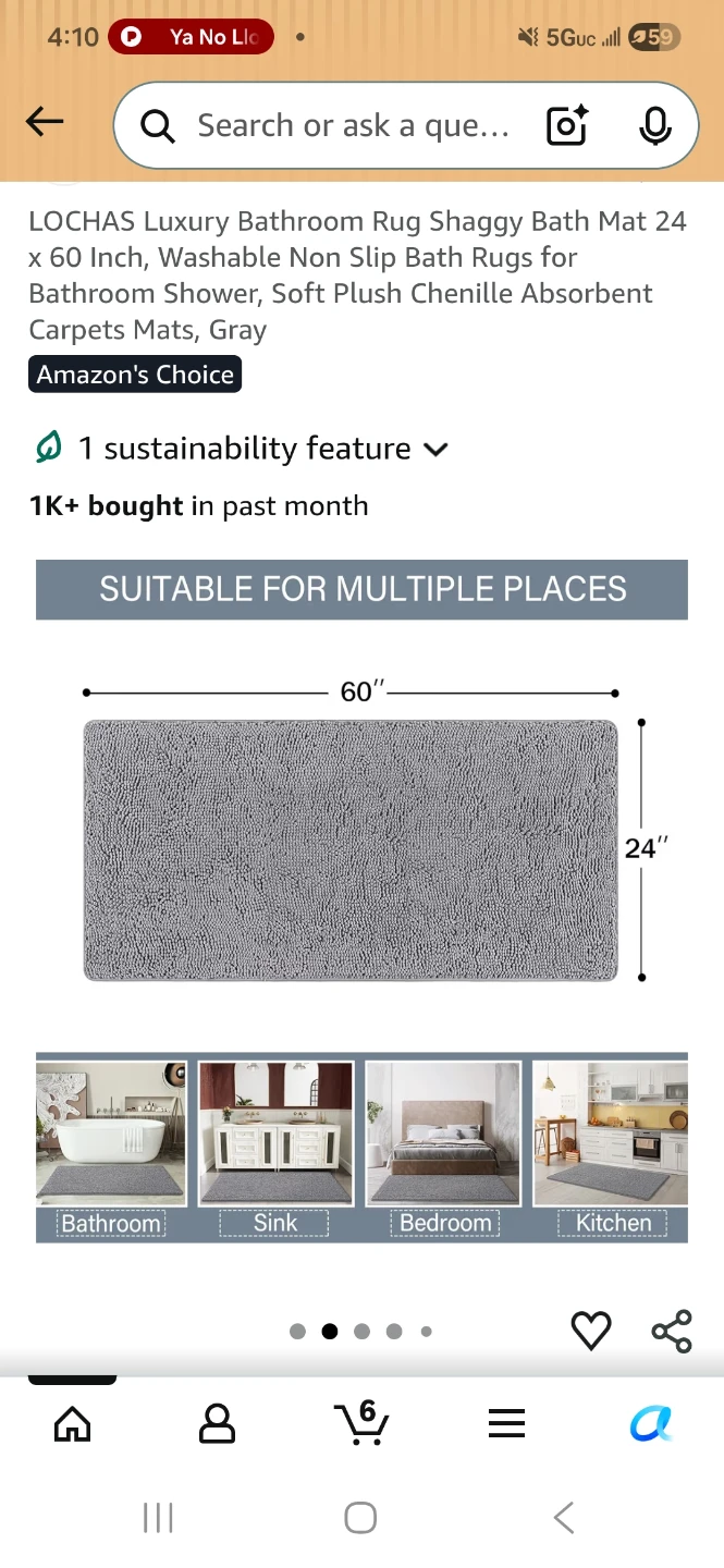 LOCHAS Luxury Bathroom Shaggy Bath Mat - 24 x 60 Inch, Gray - photo 2