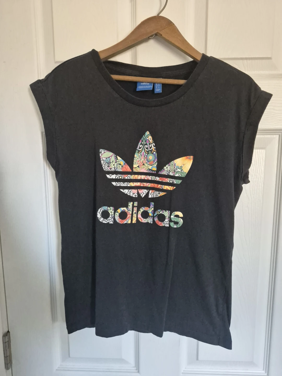 Adidas Black T-Shirt with Floral Logo - Size S
