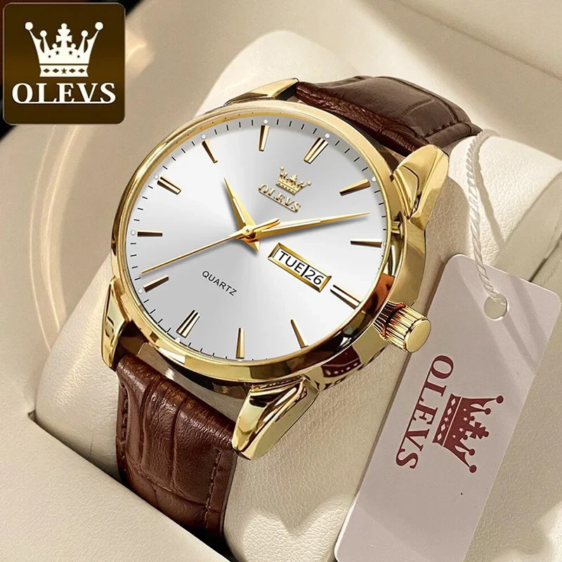OLEVS Gold Tone Quartz Watch with Brown Leather Strap