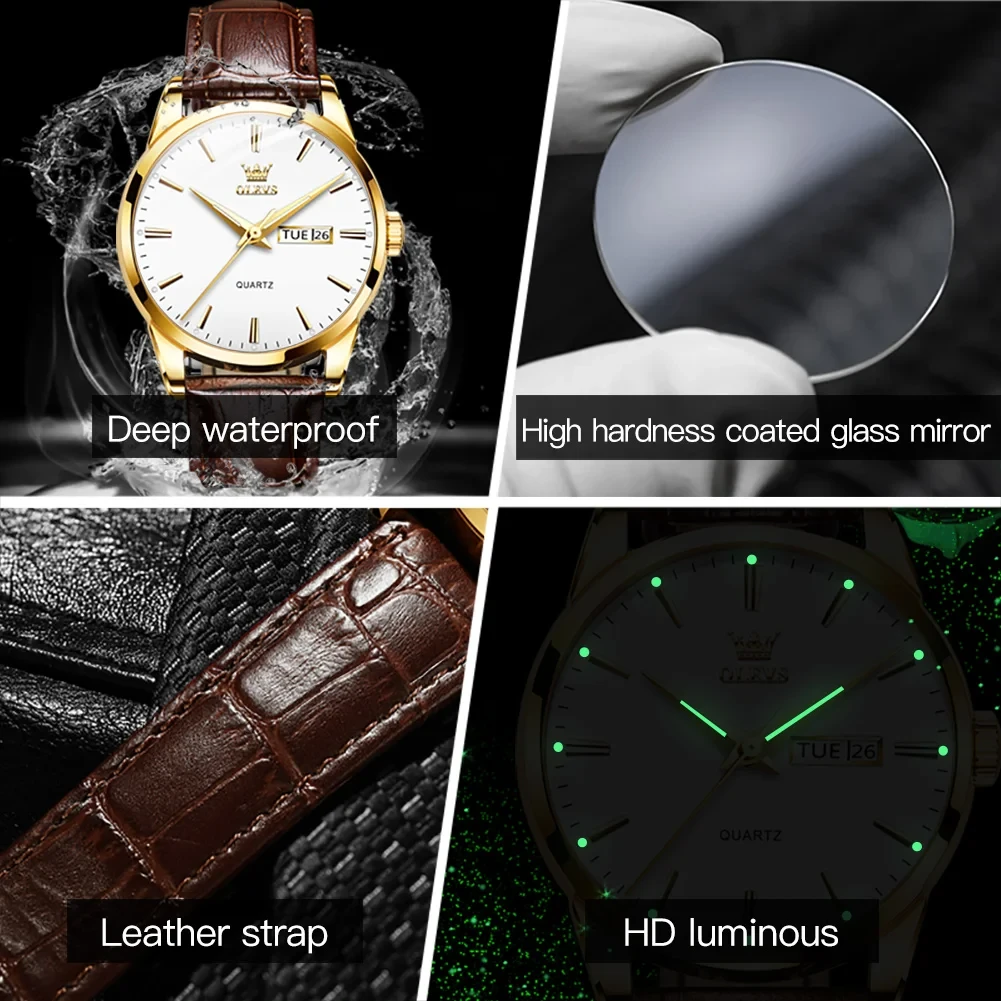 OLEVS Gold Tone Quartz Watch with Brown Leather Strap - photo 2