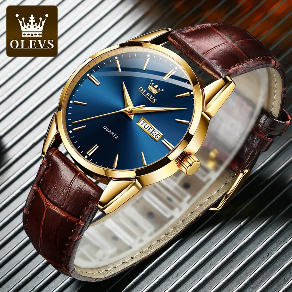 OLEVS Gold Tone Quartz Watch with Brown Leather Strap - photo 3