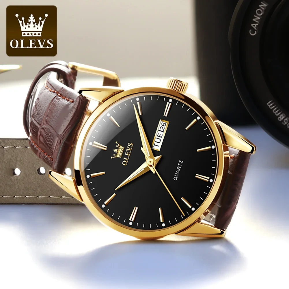 OLEVS Gold Tone Quartz Watch with Brown Leather Strap - photo 4