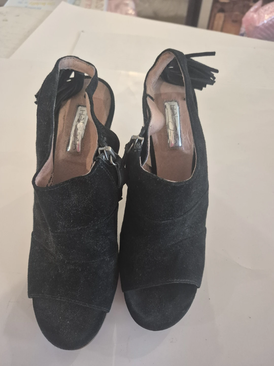 Halogen Black Suede Block Heel Open Toe Booties